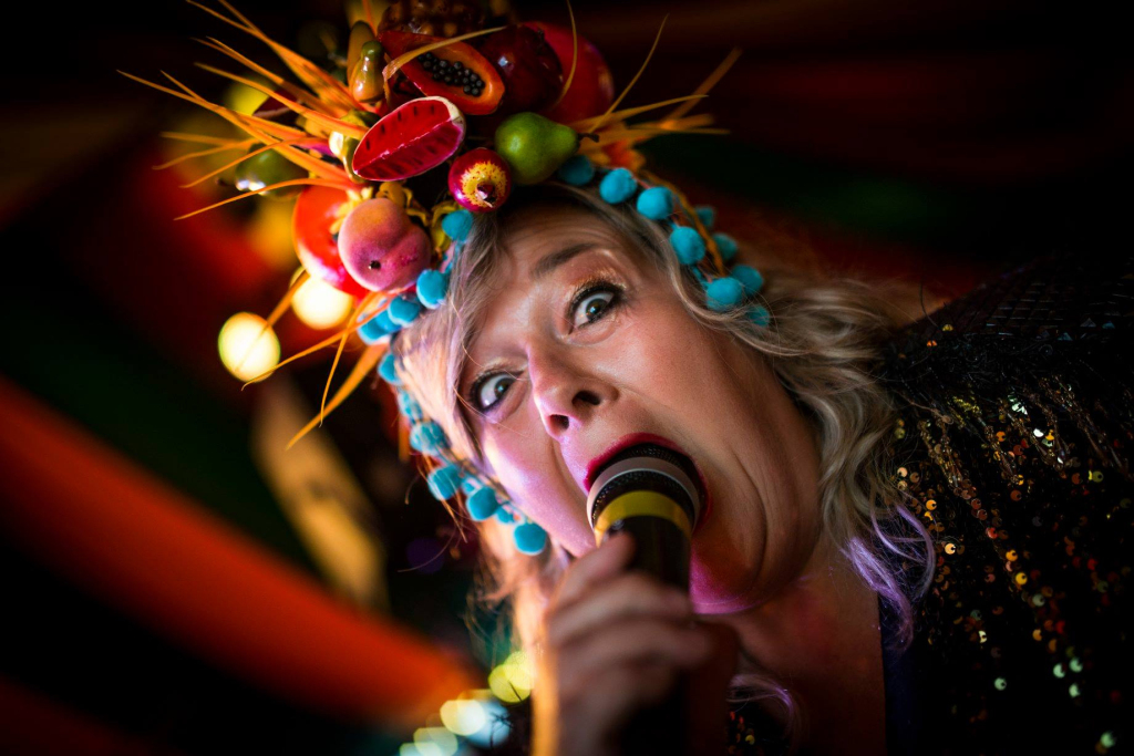 Annabelle Holland compering on Sunday at the Golowan Festival in Penlee Park, introducing performers on stage at this vibrant Cornish midsummer event