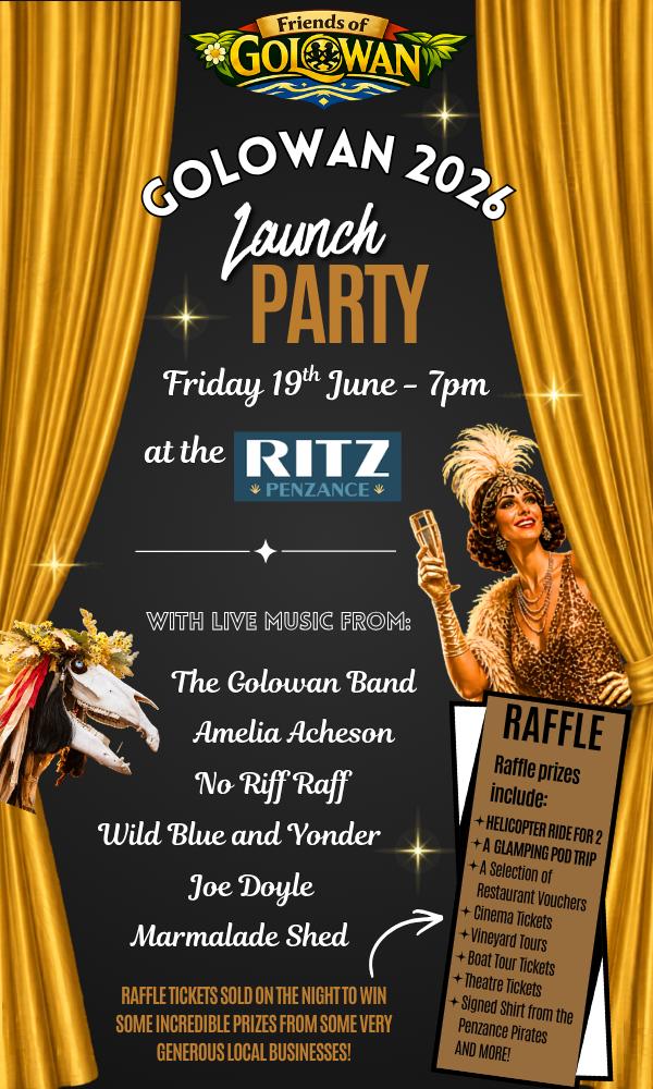 Friends of Golowan Launch Party 2026 at the Ritz Penzance, with live bands performing, community members gathered together, raffle prizes on display and a lively fundraising atmosphere
