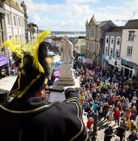 Penzance town crier Phil Northcott welcomes the crowd to Mazey Day. 
The highlight of Golowan Festival, Mazey Day returns to Penzance for the first time in three years on Saturday, June 25.